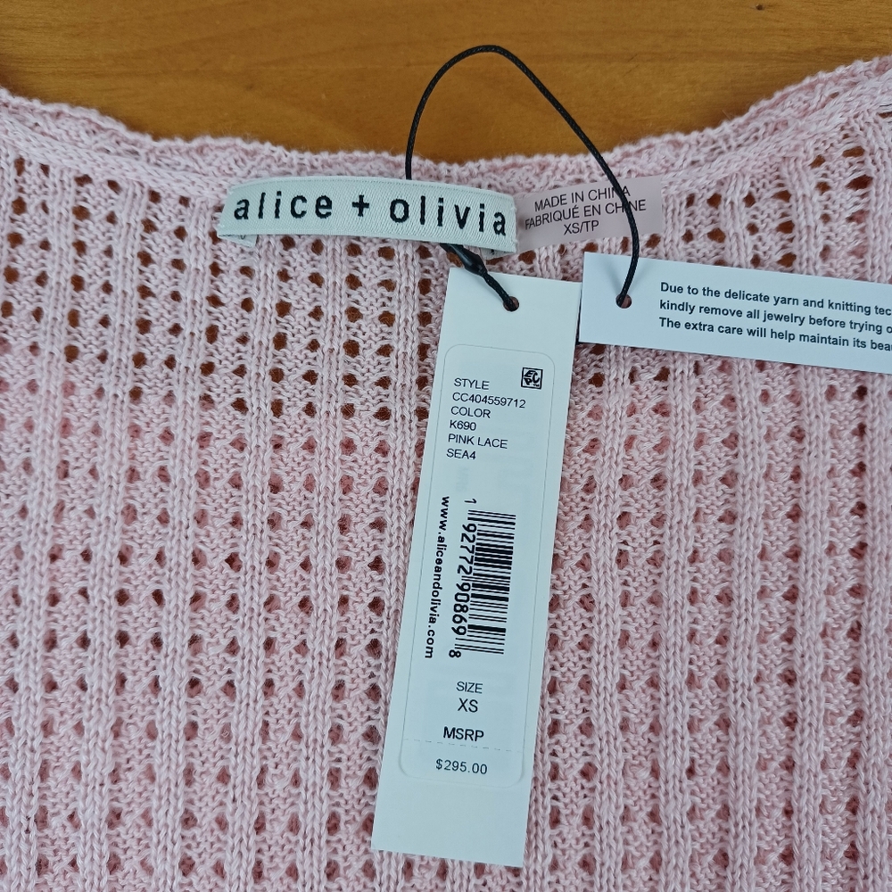 Alice And Olivia Maryam Pullover Size XS Women Preppy Linen Blend In Pink Lace - Picture 6 of 9